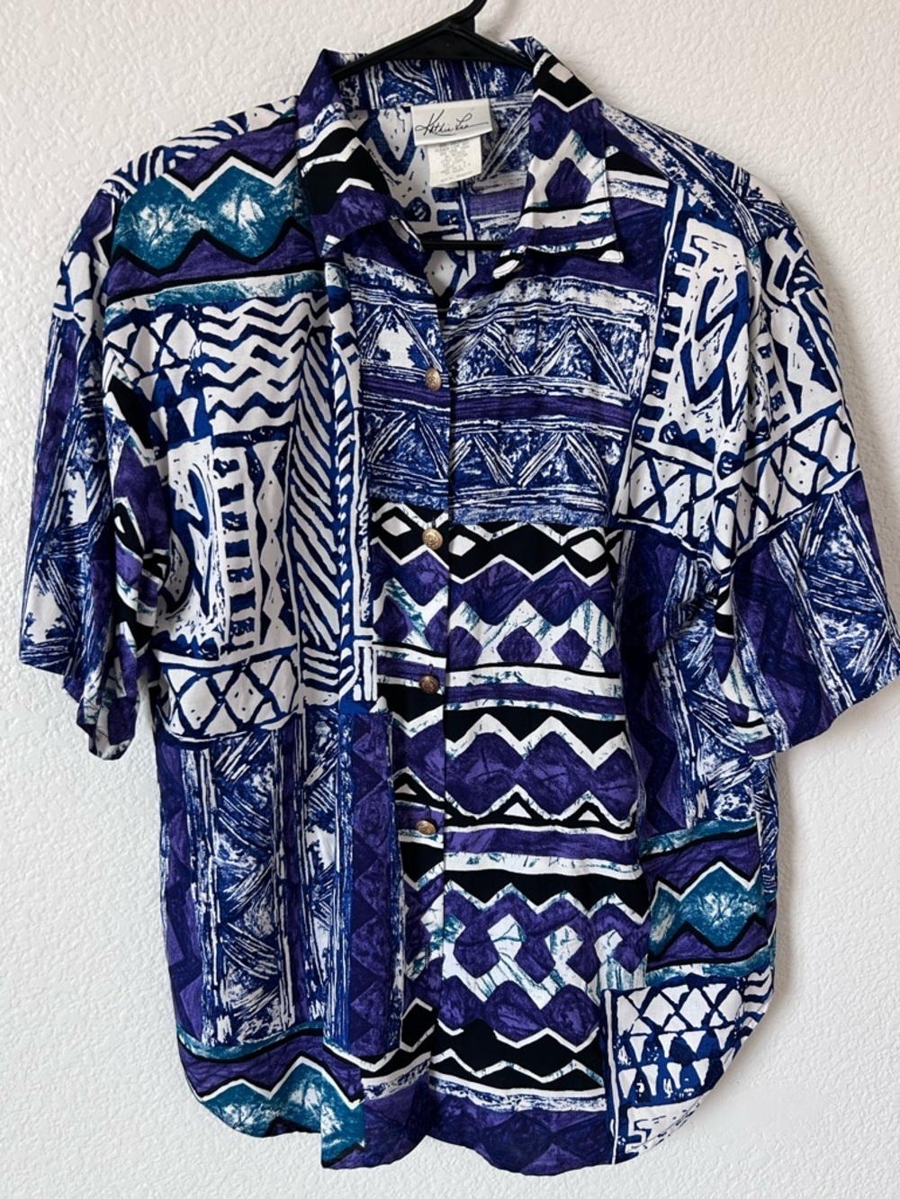 Kathie Lee Vintage 80s 90s Retro Blue Purple White Short-Sleeve Button-Up Shirt